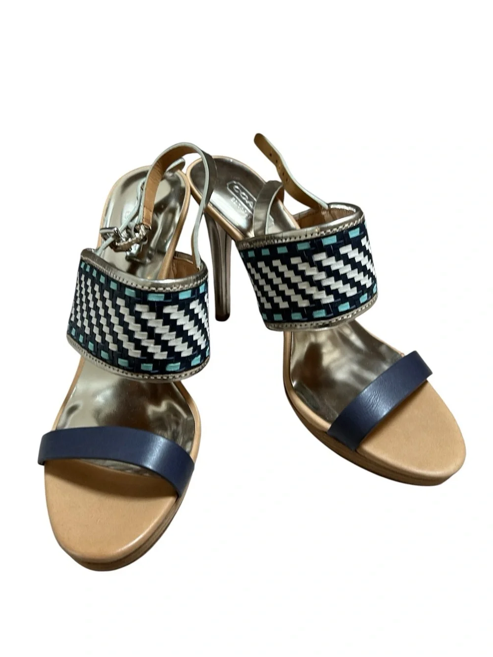 Coach Steffi Woven Slingback Heels in Silver and Metallic Navy